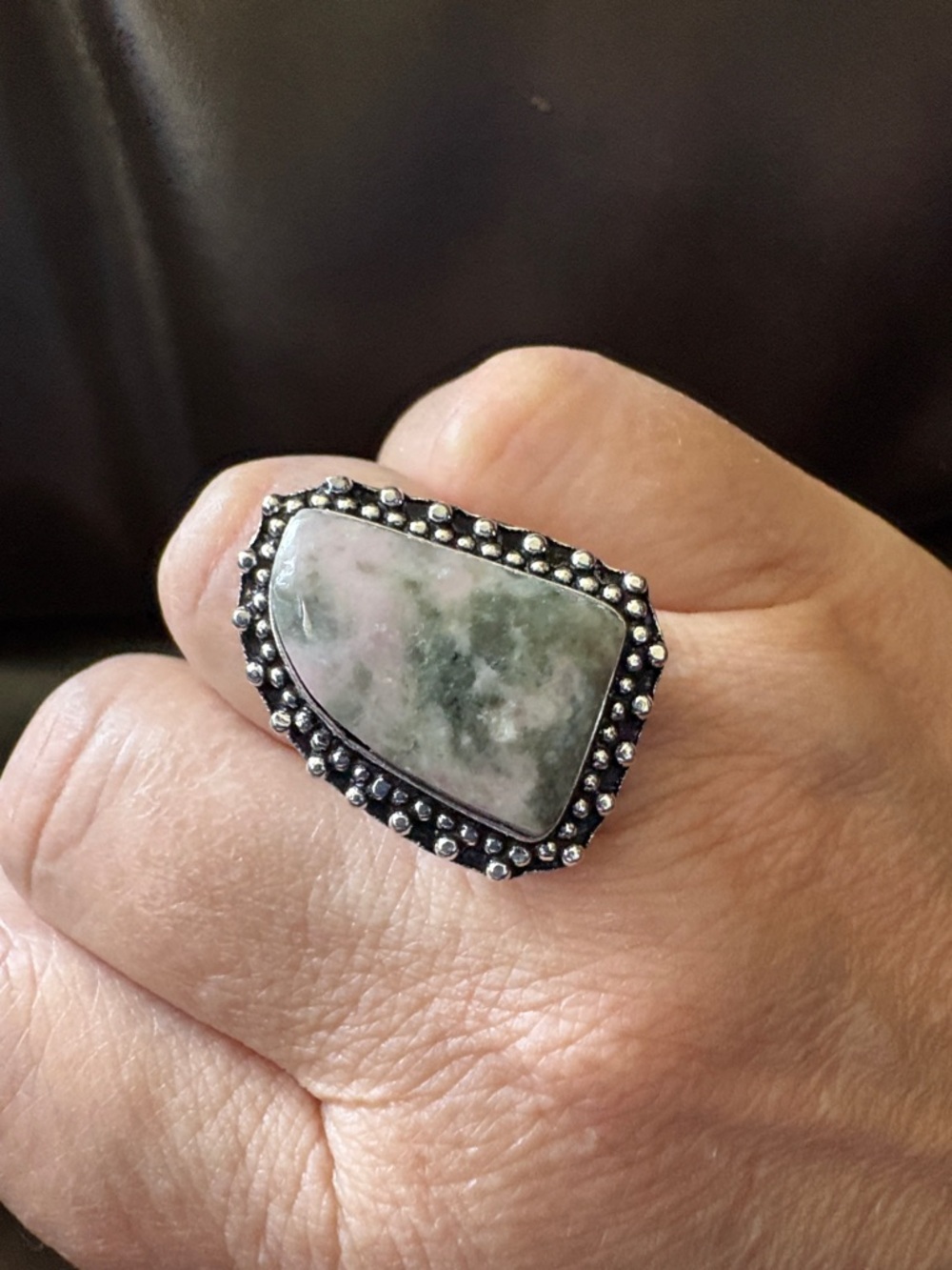 Pink Opal & tourmaline silver ring